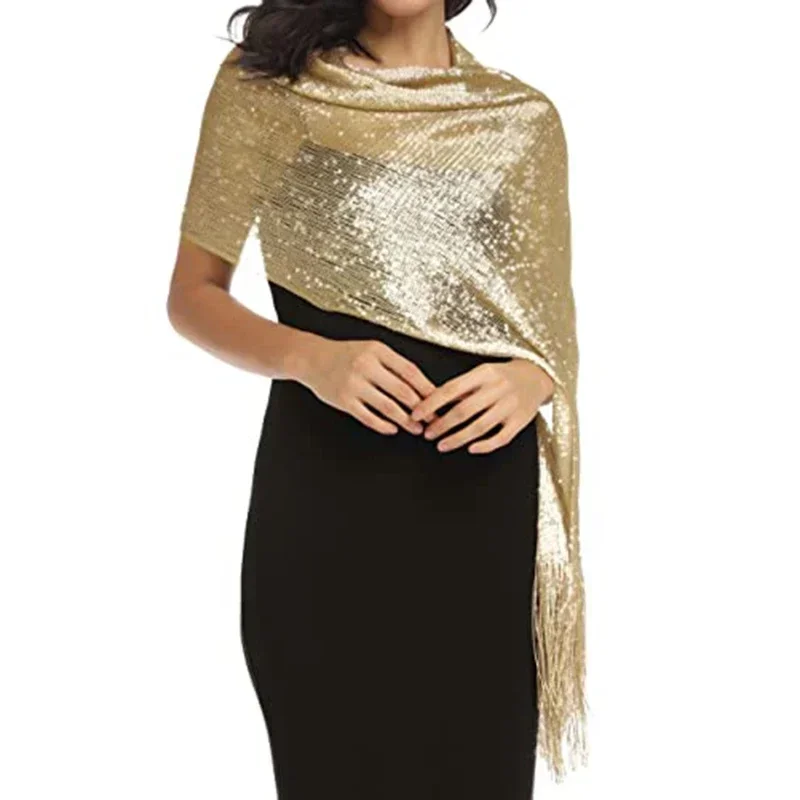 

Sparkling Metallic Shawl with Buckle, Solid Color Tassel Wrap for Women, Elegant Evening Party Dress Accessory
