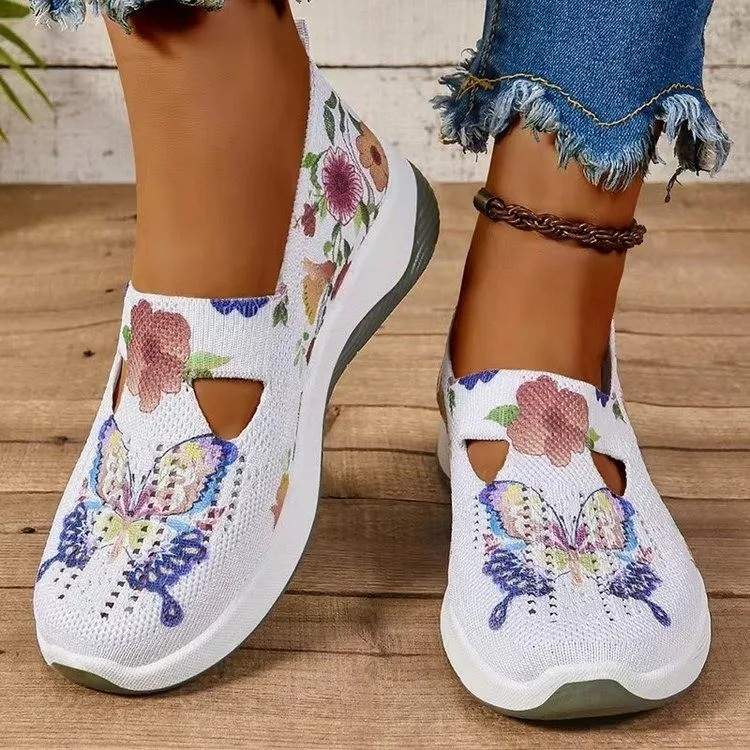 Damskie trampki2024 New Flower Print Butterfly Women Mesh Shoes Wygodne, oddychające buty na platformie Białe trampki damskie