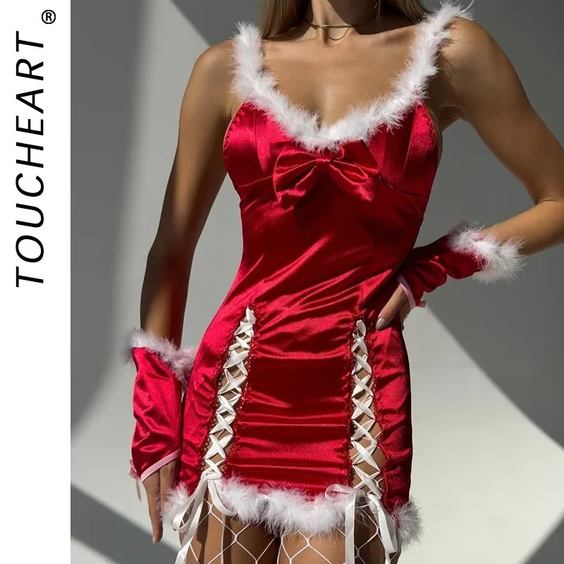 

Toucheart Halloween Cute Sleeping Skirt Bow Knot Decor Contrast Color Hollow Out Women Lace Interesting Romantic Party Costume