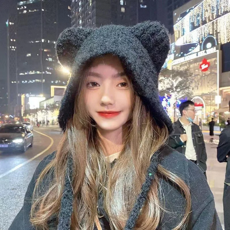 Gorro de felpa con orejas de osito para mujer, gorro con protección para los oídos cálido y versátil, gorro de punto con circunferencia de cabeza grande