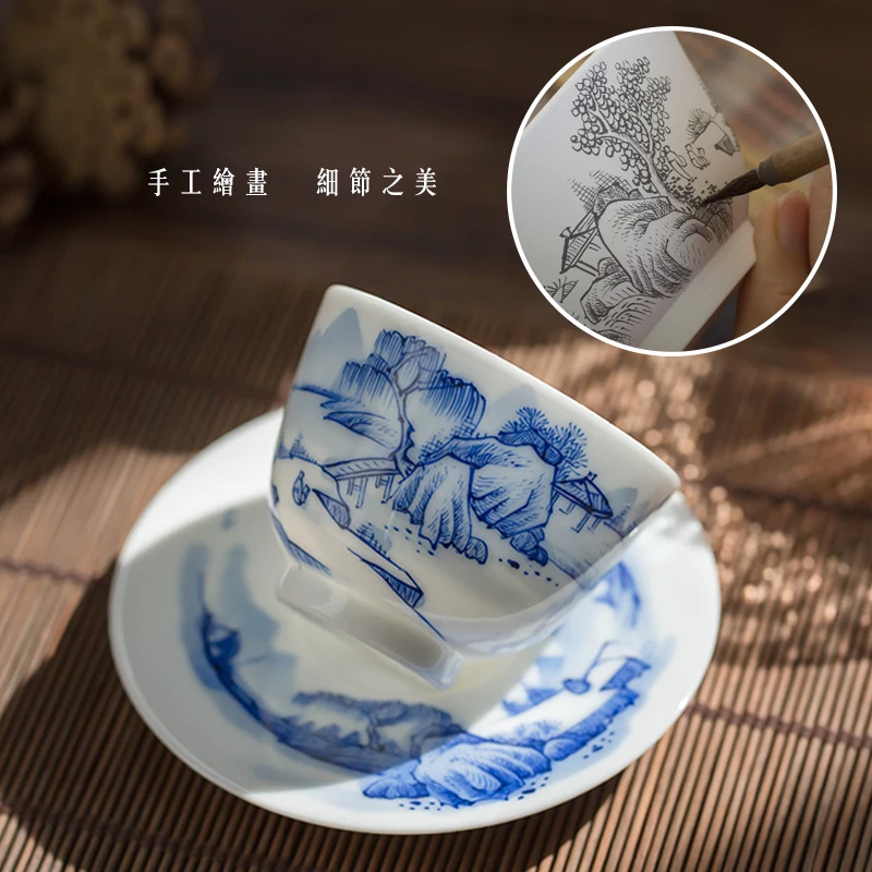 Jingdezhen High-End Jade Porcelain Hand Painted Blue and White Landscape Tea Cup One Cup One Dish Porcelain Kung Fu Tea Set Tea