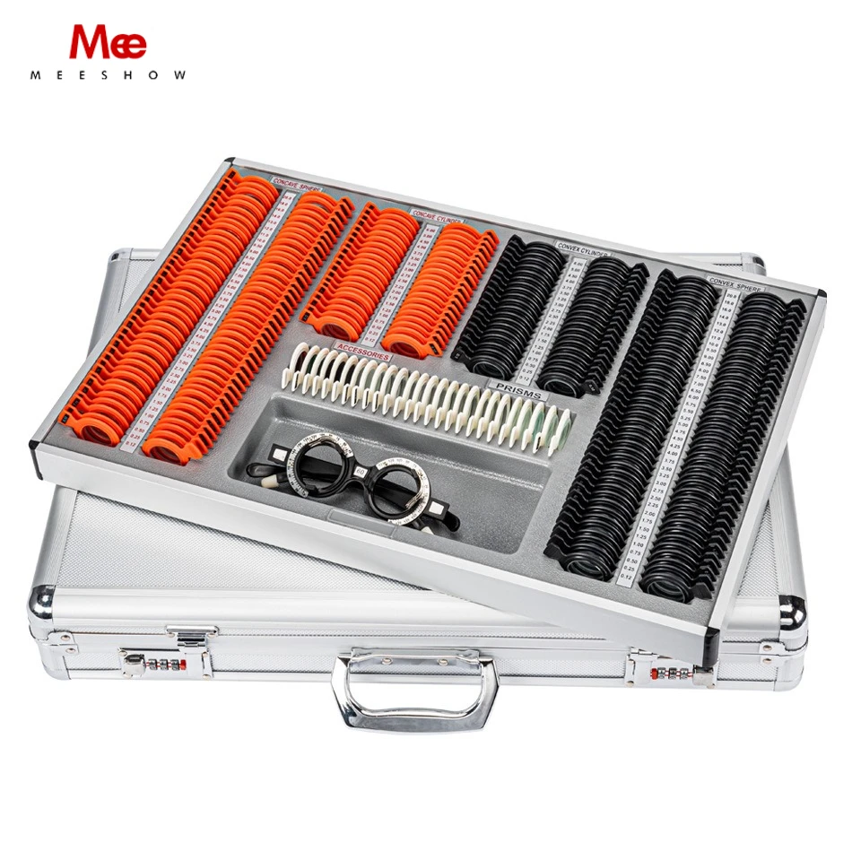 

Профессиональный набор пробных линз для оптометрии, 266 шт., пластиковые оправы, алюминиевый кейс для набора для проверки зрения