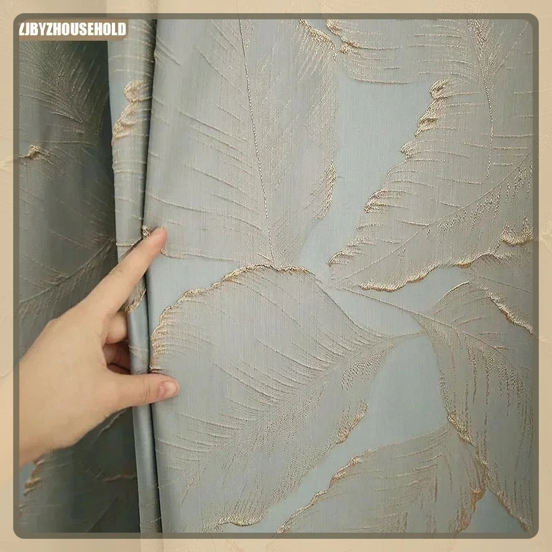 

Curtains for Living Room Bedroom Dining Luxury Gold Leaf Modern American High-precision Blue Curtain Fabric Silver Thread Tulle