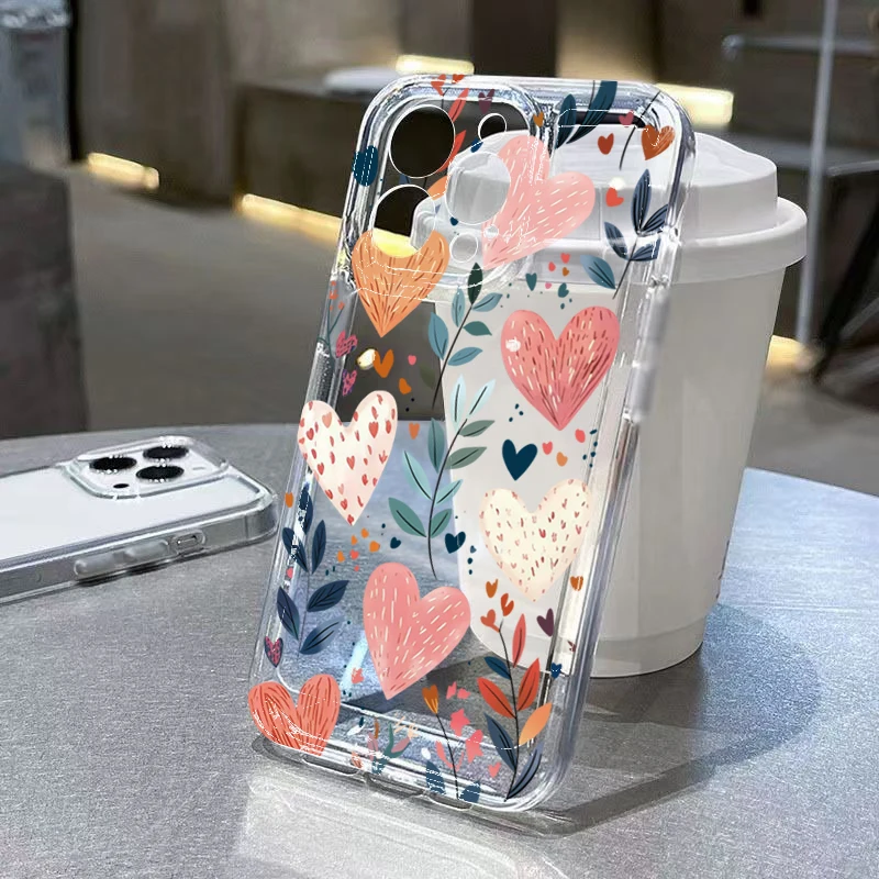 Handyhülle mit Herz- und Blattmotiv für iPhone 18 Pro 17 Pro Max 16 15 14 16E 13 12 11 XS X XR 7 8 Plus SE 2022, transparente, stoßfeste Schutzhülle – Detail 1