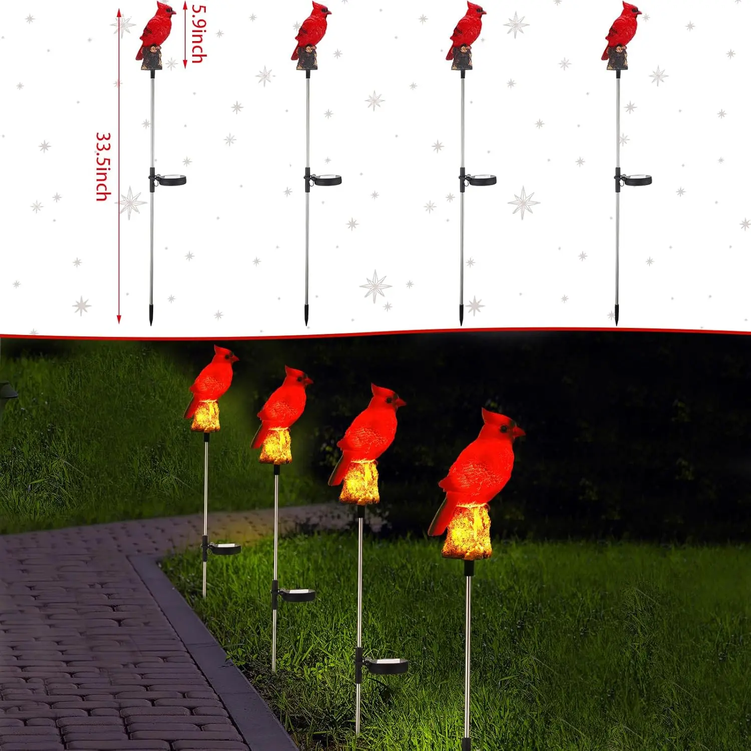 Paquete de 4 luces solares de estaca cardeal, decoración de jardín de pájaros rojos, adornos de césped para caminos al aire libre para regalos de Navidad y Acción de Gracias