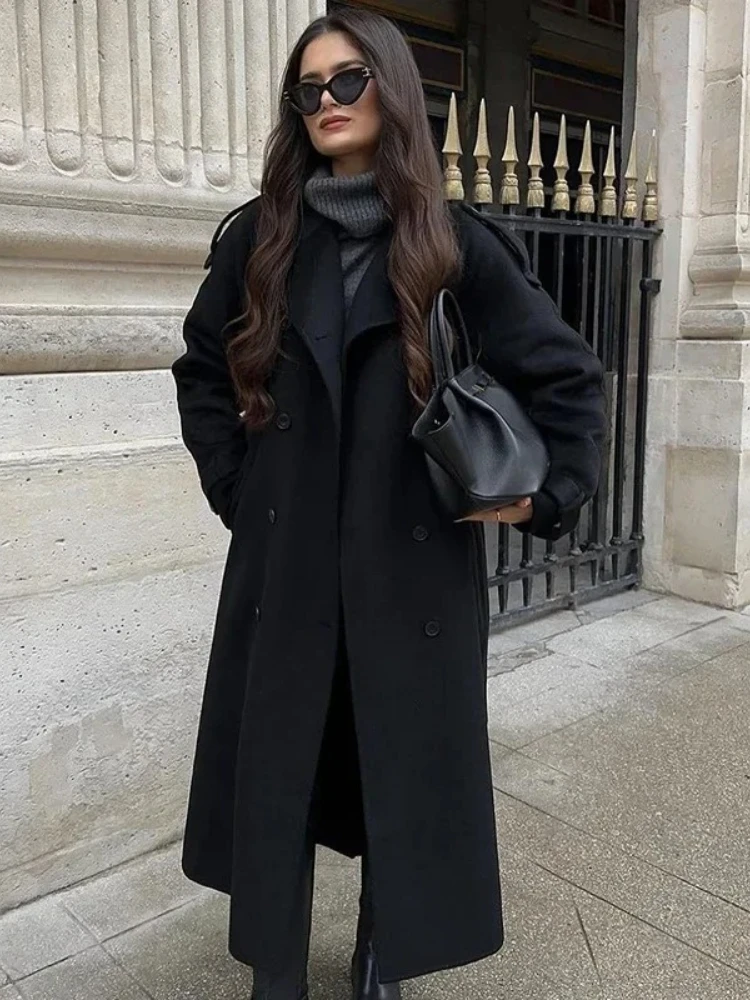 New Fashion Women's Wool Coat with Belt, Loose Collar, Double Row Buckle, Long Sleeve, 2026 Autumn/Winter Women's Windbreaker