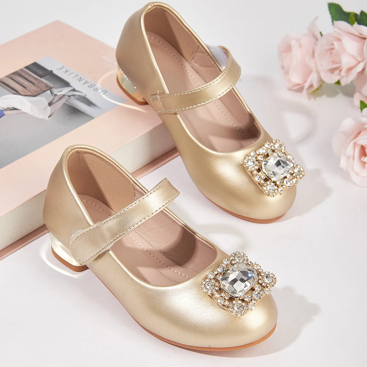 Fashion Baby Girl's Leather High Heel Shoes 2026 New Rhinestone Crystal Children's Shoes Kids Wedding Stage Performance Shoes