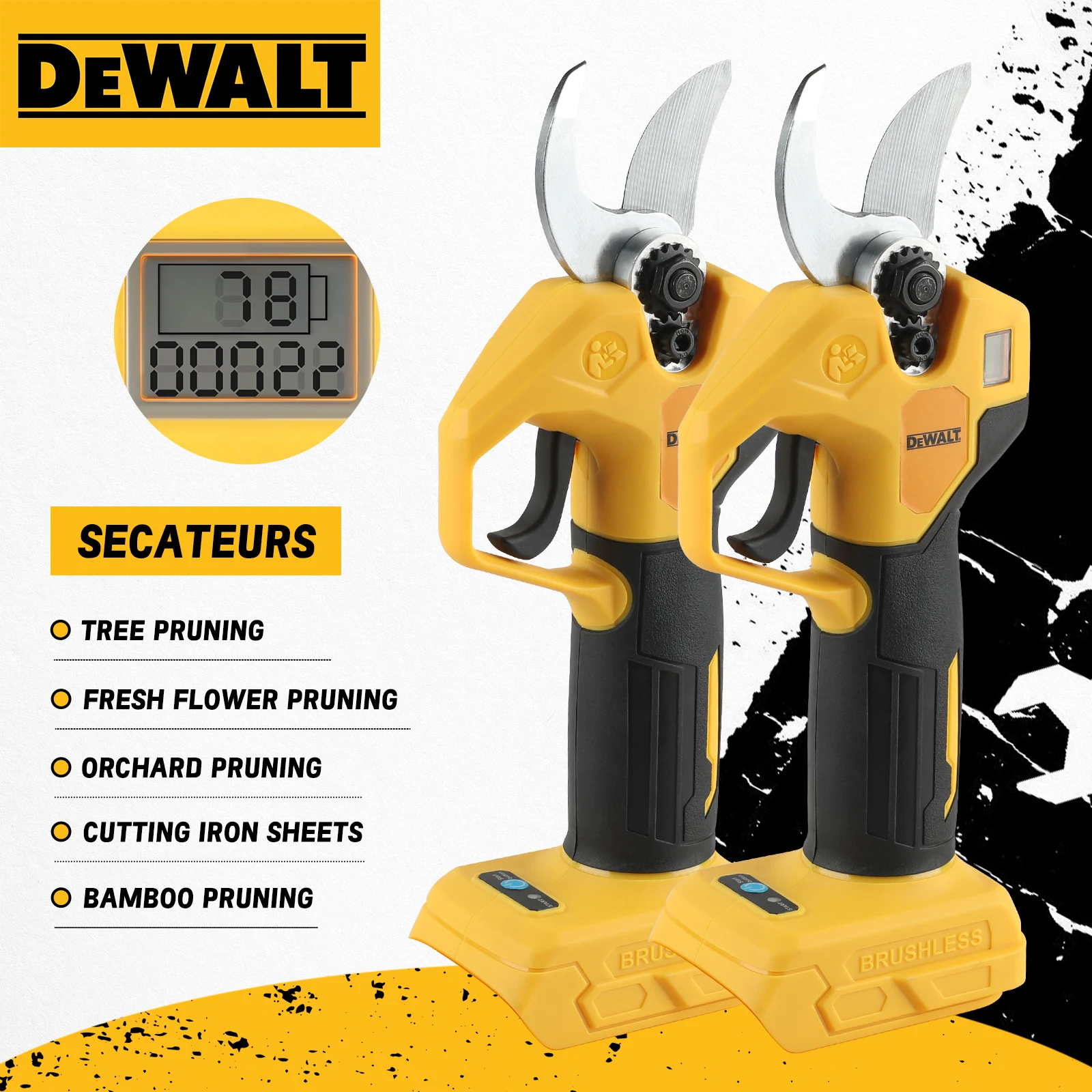 DeWALT MPP569 20V Max Brushless Pruning Shears, Digital Screen, Rechargeable, Portable Secateurs for Flower & Branch Cutting