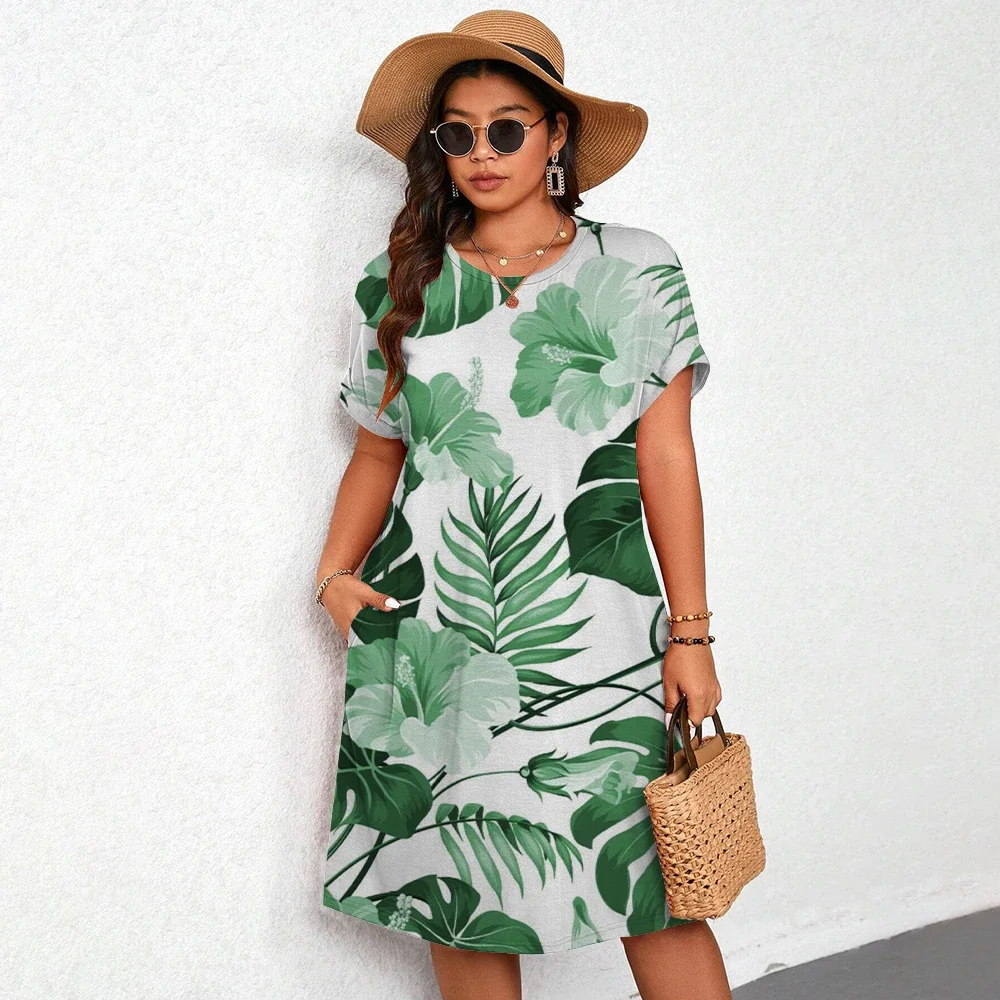 2025 New Women's French Pastoral Style Printed Dress Fashion Generous Simple Oversized Loose Round Neck Mini Dress Casual Pocket