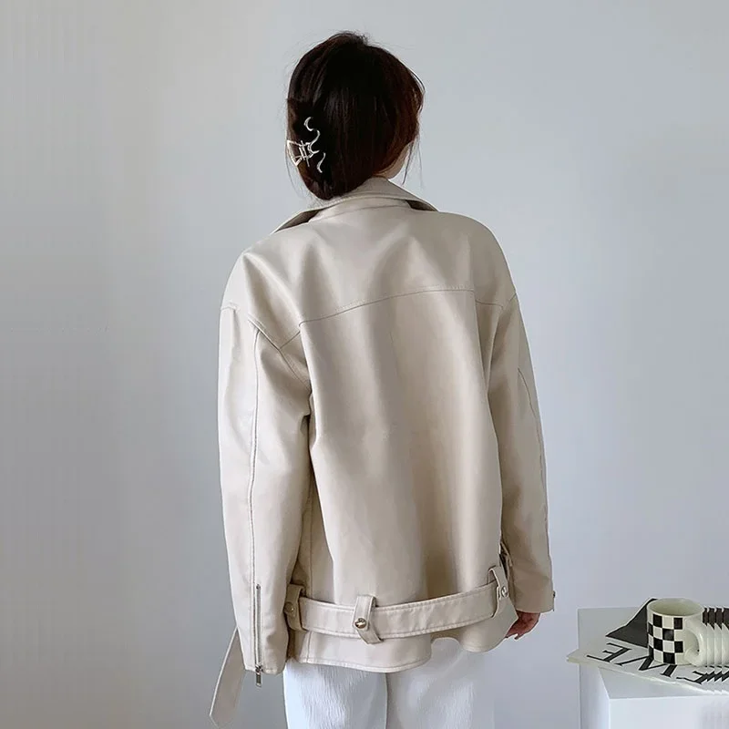 Korean Casual Faux Leather Jacket Short Coat With Belt Purple Beige Black Spring Women Lapel Long Sleeve PU Leather Biker Jacket