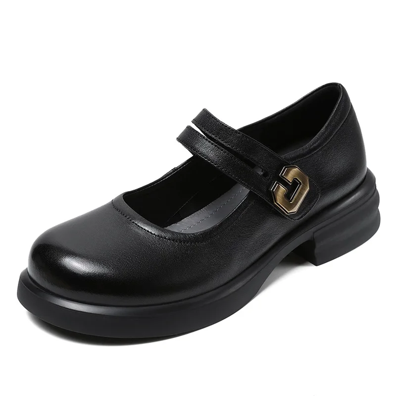 DRKANOL Fashion Women Mary Janes Shoes Round Toe Shallow Thick Heel Hook And Loop Loafers Genuine Cow Leather Med Heel Shoes
