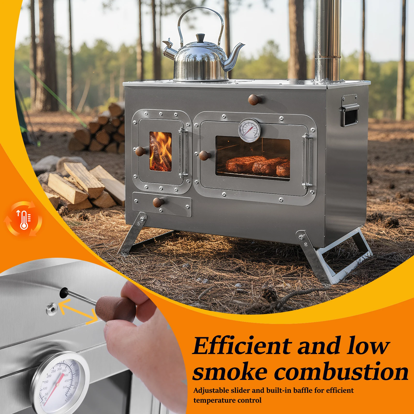 

Портативная дровяная печь с 4 дымоходами, походная печь для палатки, из нержавеющей стали, для обогрева и приготовления пищи на открытом воздухе, для зимней рыбалки и охоты