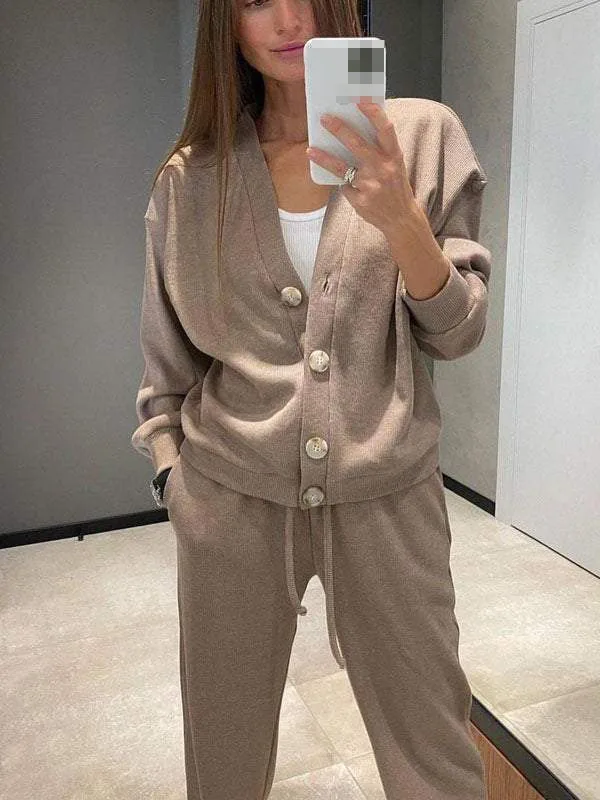 Autumn And Winter Women\'s Sports Cardigan Suit Fashionable Casual Suit V-neck Single-breasted Cardigan Top Lace-up Two-piece Set