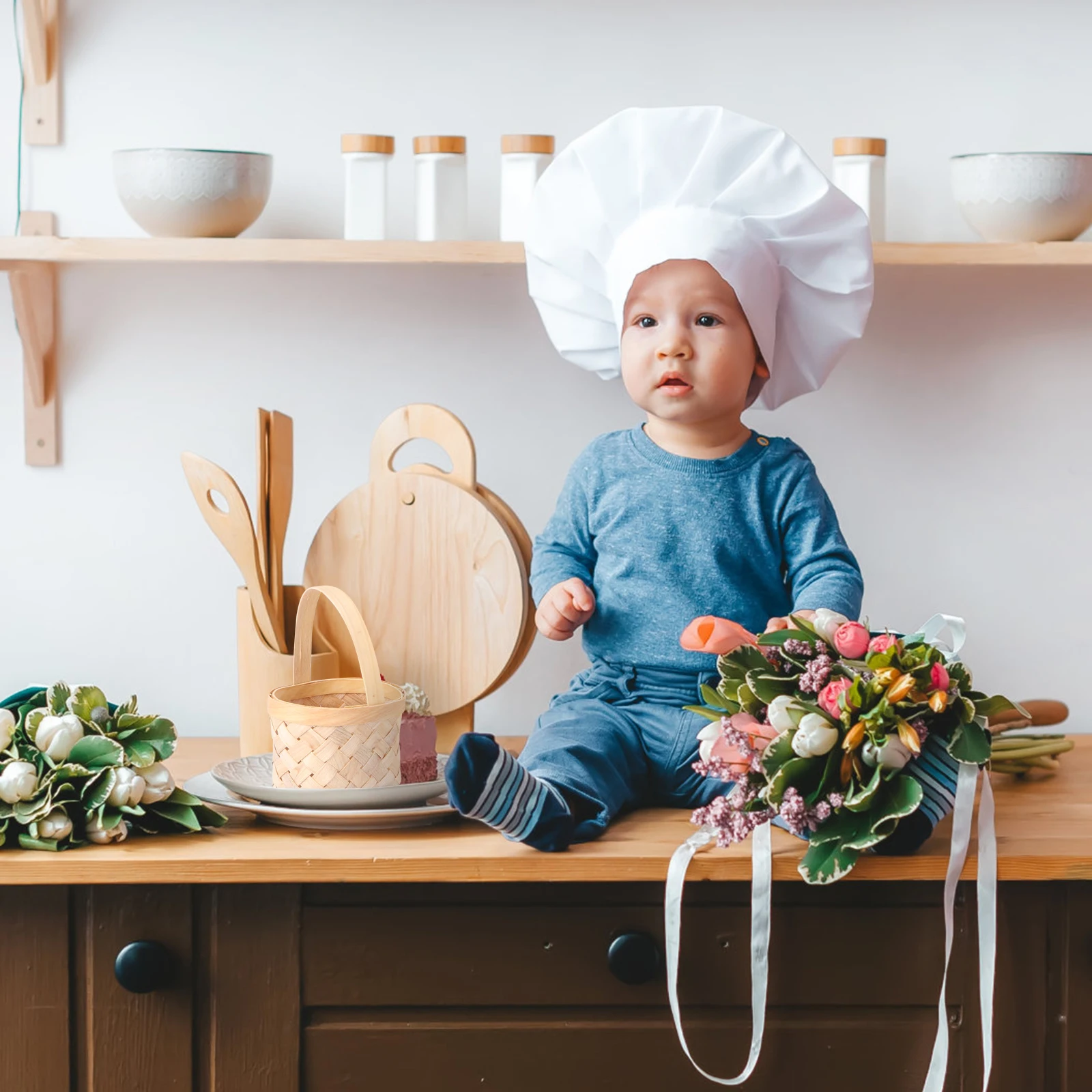 3 قطع صغيرة من سلة الزهور المنسوجة يدويًا، لعبة منزل اللعب، هدية حلوى محمولة