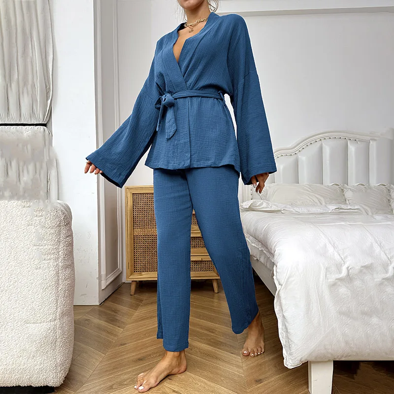 Women\'s Pajamas Set Nightgown Robe Kimono Long Sleeves Tops Trouser Suit Cotton Sleepwear Woman Home Clothes Pyjama Pijama Mujer
