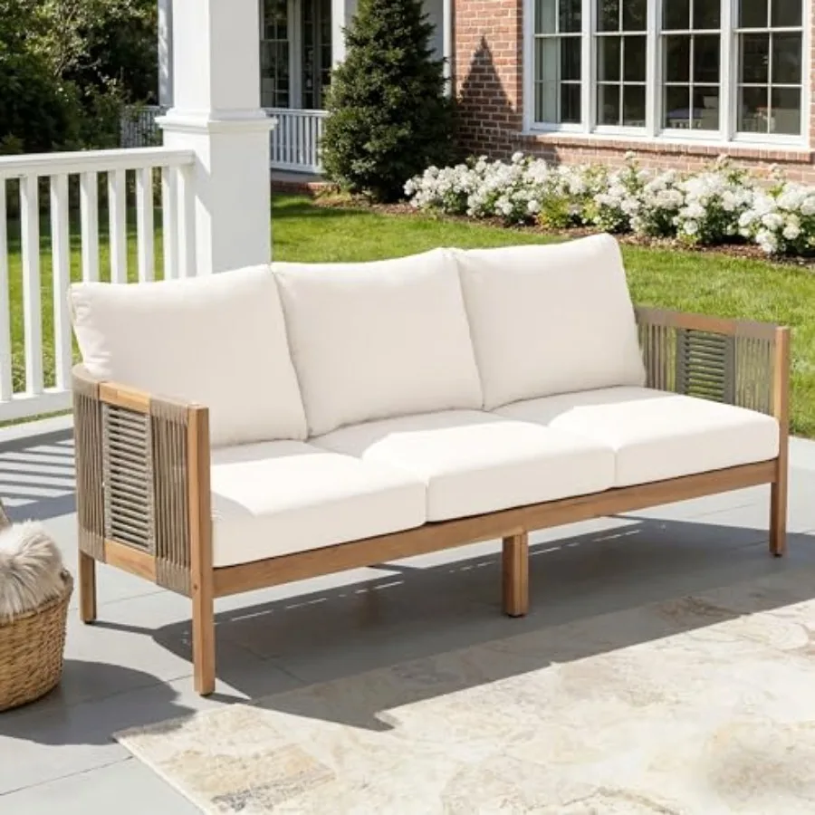 

Outdoor Acacia Wood 3-Seater Sofa, 76'' Upholstered Cushion Couch, Patio Acacia Wood Bench Sofa, Spacious Outdoor Seating Bench