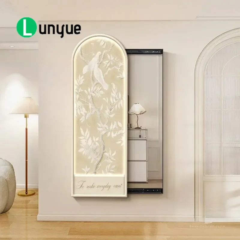 French Cream Style Push Open Hidden Full Length Mirror Wall Mounted Dressing Mirror for Bedroom Entrance High End Decorative