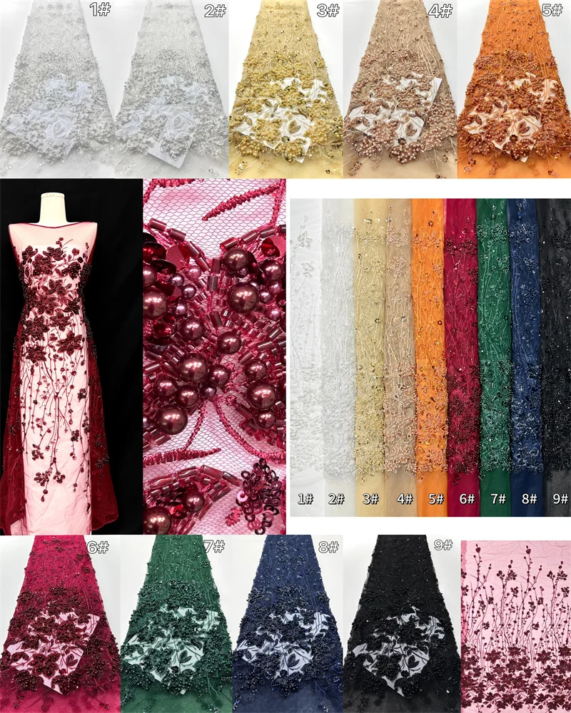 Luxurious Nigeria Heavy Lace African Lace Fabric with Beads Sequins High Quality Nigerian Mesh Net Lace Fabric for Wedding