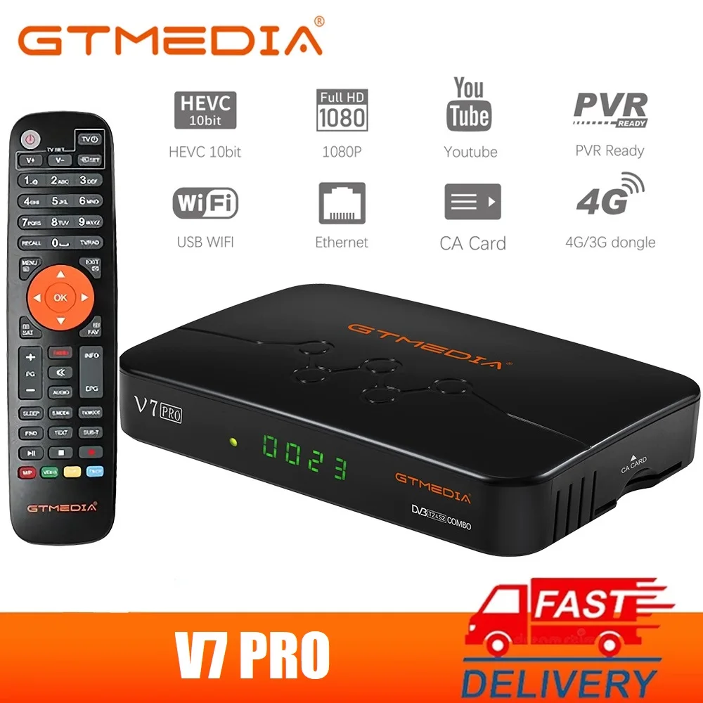 GTMEDIA V7 Pro Receptor de TV via satélite DVB-S2 S2X T2 Combo H.265 HEVC 10bit USB WiFi Ccam CA Slot para cartão TV BOX Atualização Media Player