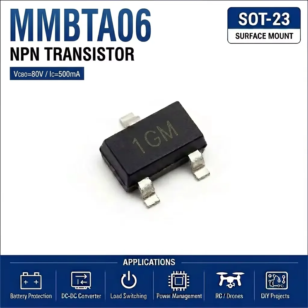 (100 pcs) MMBTA06 SOT-23 (Marking 1GM) - NPN Transistor 80V 500mA 100MHz