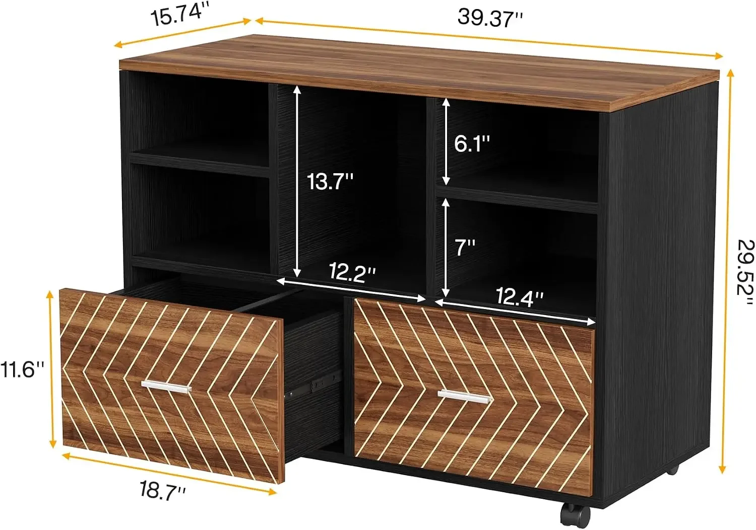 2-Drawer Wood File Cabinet, Mobile Lateral Filing Cabinet for Hanging Letter Size Files, Printer Stand with Open Storage Shelves