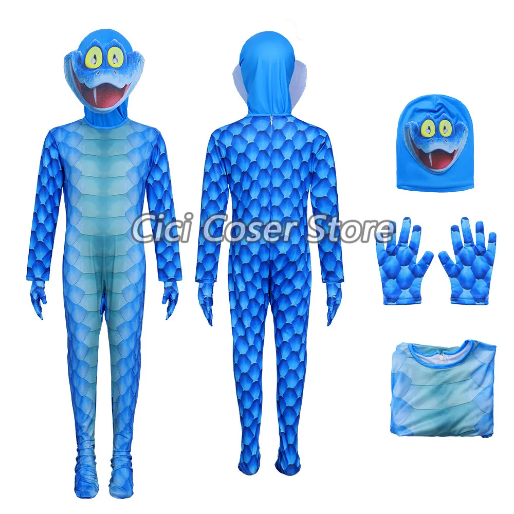 

Movie Zoo 2 Snake Gary Cosplay Costume Blue Bodysuit with Headgear Hood Gloves Adults Men Women Halloween Party Carnival Outfits