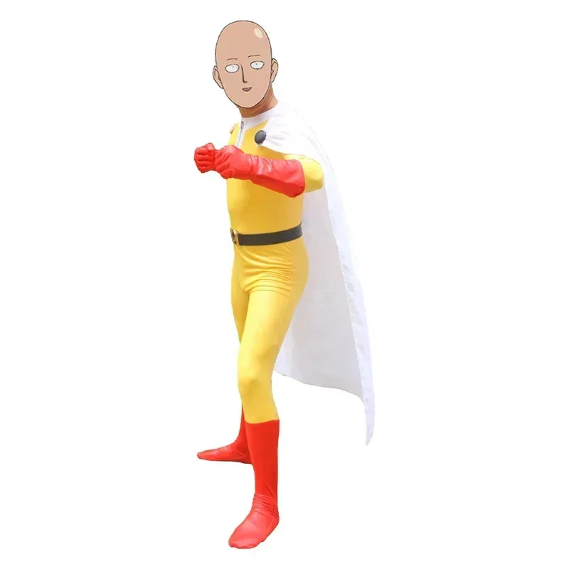 زي الهالوين للبالغين للرجال Anime ONE PUNCH-MAN بدلة Saitama مع عباءة بيضاء