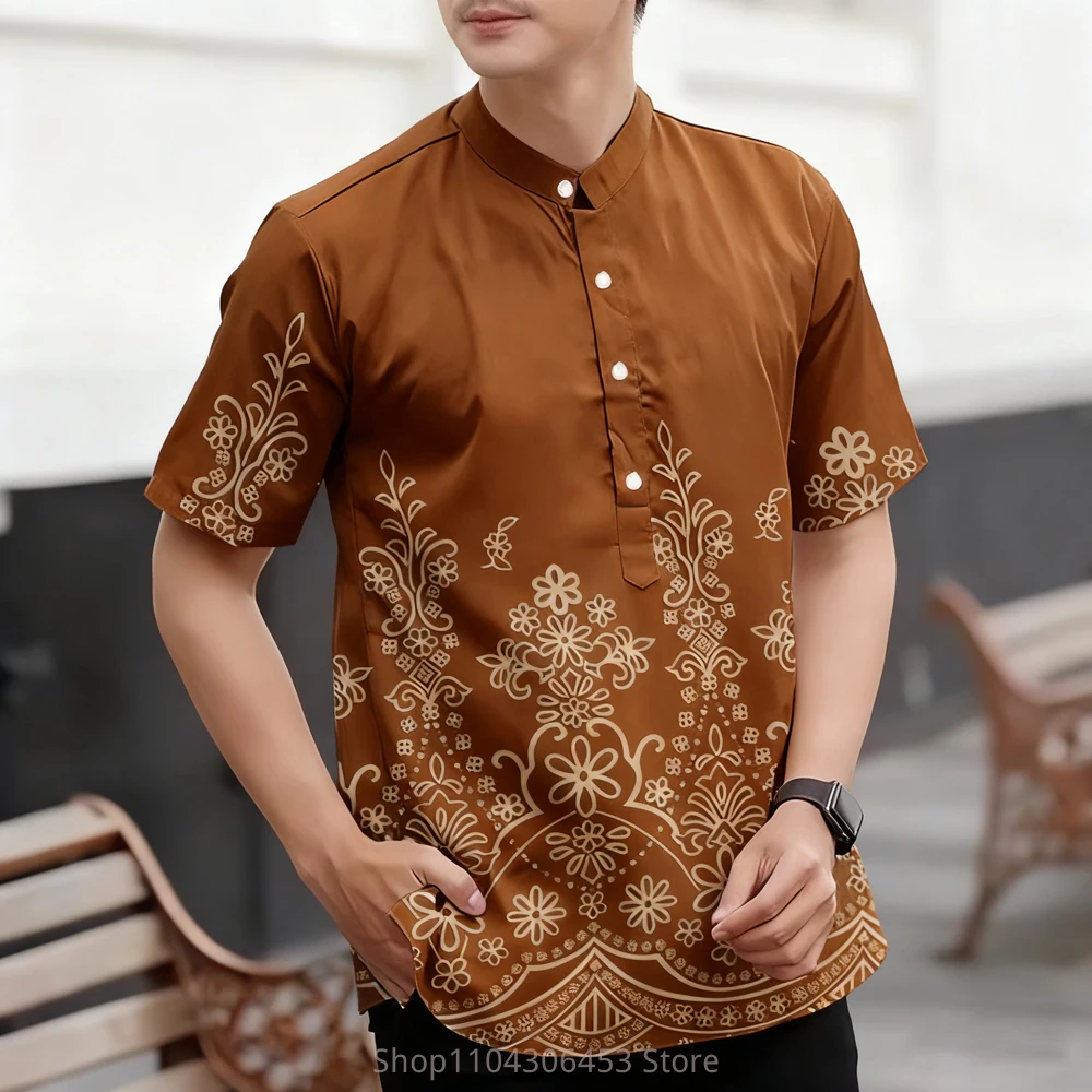 2025 New Men's Ethnic Style Simple Retro Short-sleeved Shirt Plant 3D Printing Business Casual Fashion T-shirt Vacation Outdoor