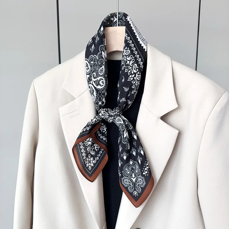 Women 100% Silk Square Scarf Black White Paisley Print Neck Bandana Brown Trim Retro Head Scarf Ladies Handbag Ribbon