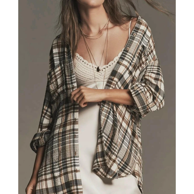 

Combhasaki Women Y2K Vintage Plaid Print Shirt Long Sleeve Casual Button-up Turn Down Collar Loose Blouse Side Split Pocket Tops