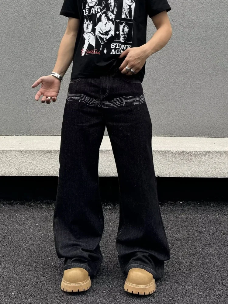 2026 Cyber Y2K Streetwear Music Symbol Embroidery Black Baggy Jeans Pants For Men Clothing Straight Loose Cotton Long Trousers
