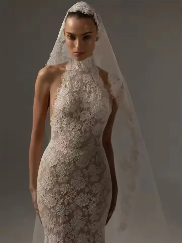 Luxury Lace Mermaid Wedding Dress Elegant High Neck Open Back  Gown Amanda Novias Official