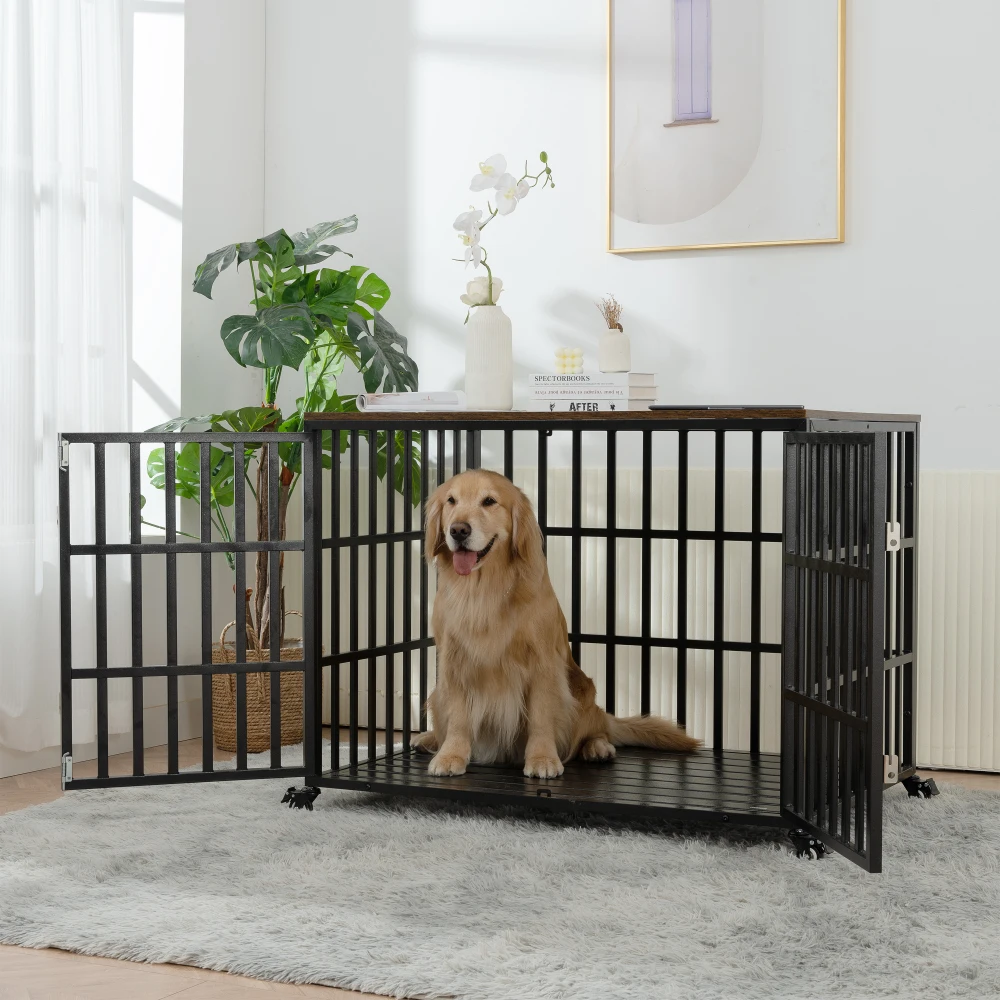 

42" Heavy Duty Dog Crate for Large Medium Dogs Furniture Style Cage with 4Lockable Wheels and 2Locks Decorative Pet House Wooden