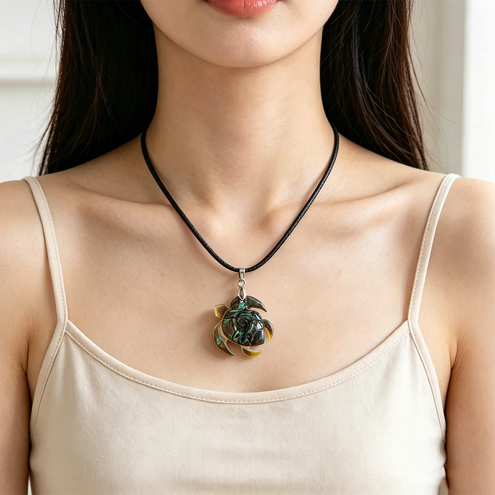 Maori Tribal Natural Abalone Shell Sea Turtle Pendant Necklace Tortoise Leather Cord Boho Beach Ocean Jewelry for Women Gift