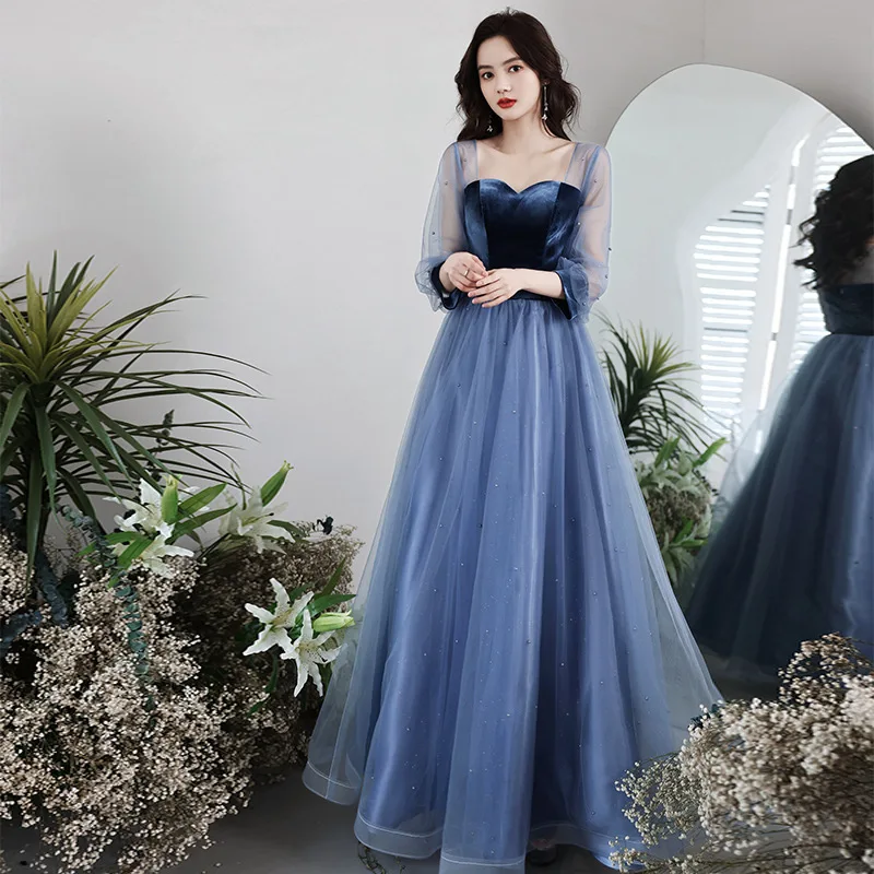 

Blue Velvet Patchwork Evening Dress Women Sweetheart Collar Long Sleeves Tulle Prom Gown Simple Elegant Beading Cocktail Dresses