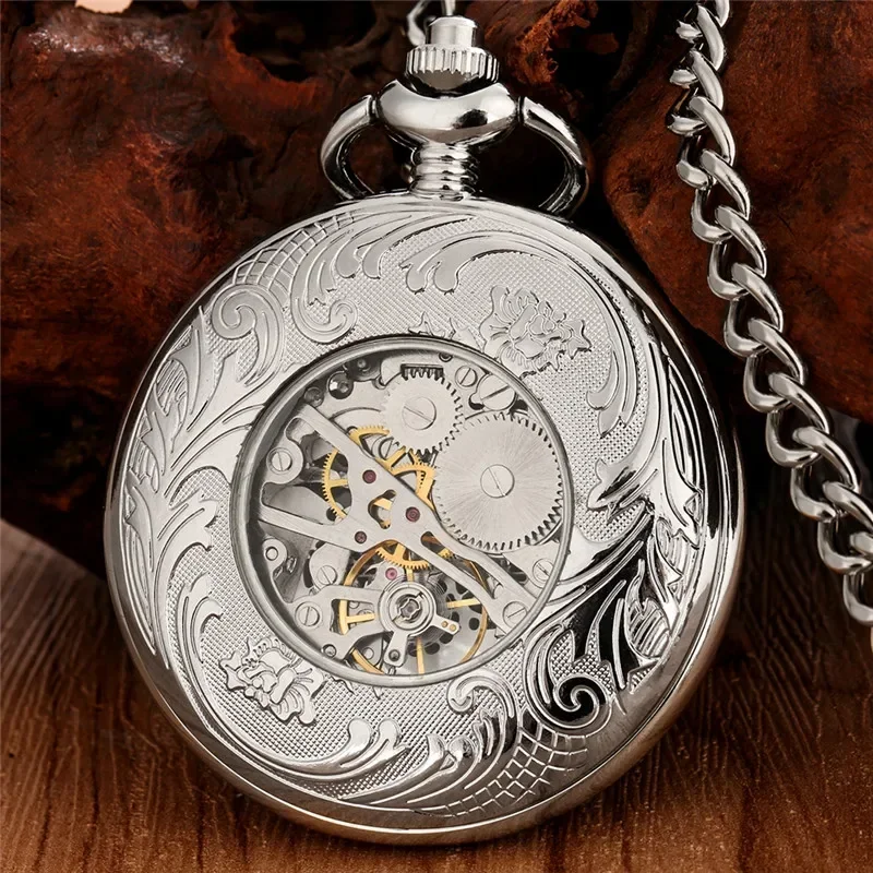 الفضة محفورة غطاء الرقم الروماني الرجال النساء الهيكل العظمي Handwinding الميكانيكية ساعة جيب فوب سلسلة الجوف التدريجي على مدار الساعة
