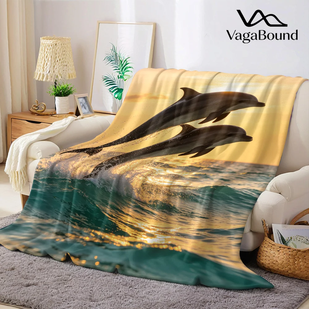 Cute Dolphin Ocean Flannel Blanket Warm Soft Halloween Christmas All-Season Couch Decorative Cozy Warm Gift
