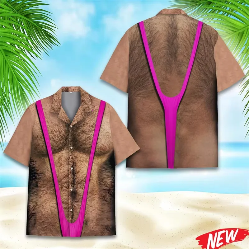 Hairy Chest Graphic Hawaiian Men Shirt 3d Printed Muscle Body Shirt Novelty Beach Holiday Short Sleeve Button Shirts Funny Gift