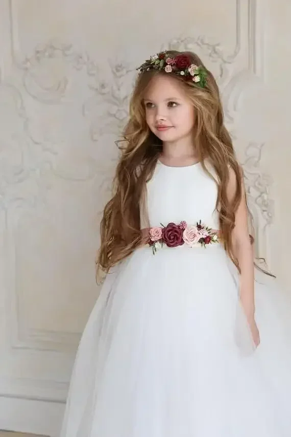 Tule princesa pageant vestido com arco longo uma linha vestidos de baile de baile meninas vestido de festa vestidos da menina de flor para casamento cetim