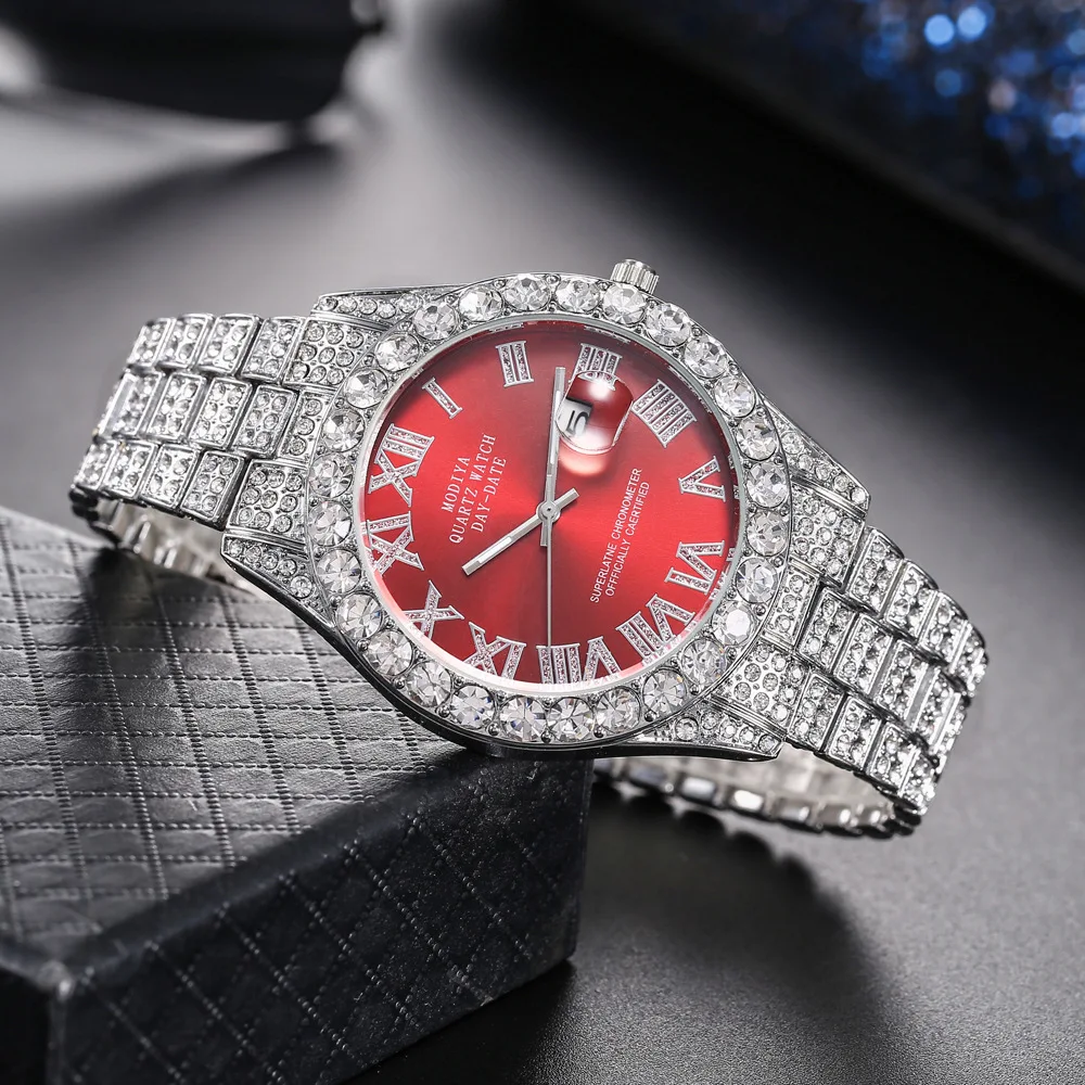 Reloj con calendario de diamantes de agua para hombre, pulsera de aleación de acero con esfera de diamante completa, escala romana, Sky Star, Hip Hop, venta al por mayor