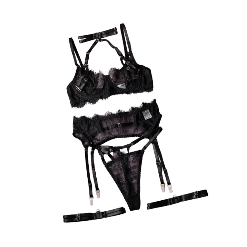 

Сексуальное нижнее белье, 5 предметов: романтический кружевной комплект черного цвета, ультратонкий, прозрачный, экзотический набор с чокером, подвязками для ног, бюстгальтером и трусиками.