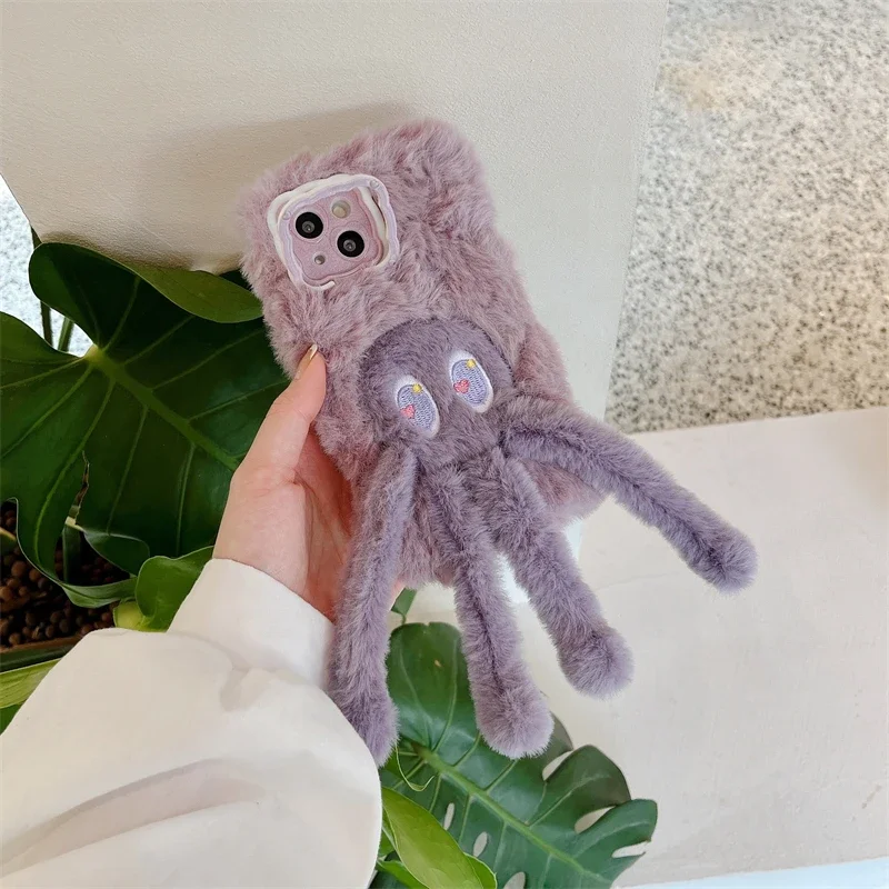 Cute Pull The Octopus Warm Fur Cover Case for Huawei P40 P50 P60 Pro Pura 70 Pro Plush Hair Fluff Toy Soft Stand Phone Case