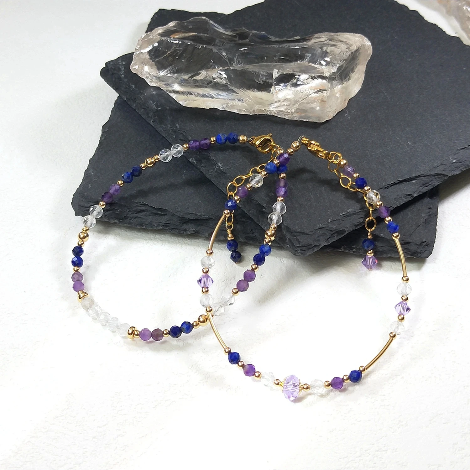 Lii Ji Lapis Lazuli Amethyst Clear Quartz American 14K Gold Filled Bracelet Natural Stone 3-4mm Handmade Gold Jewelry