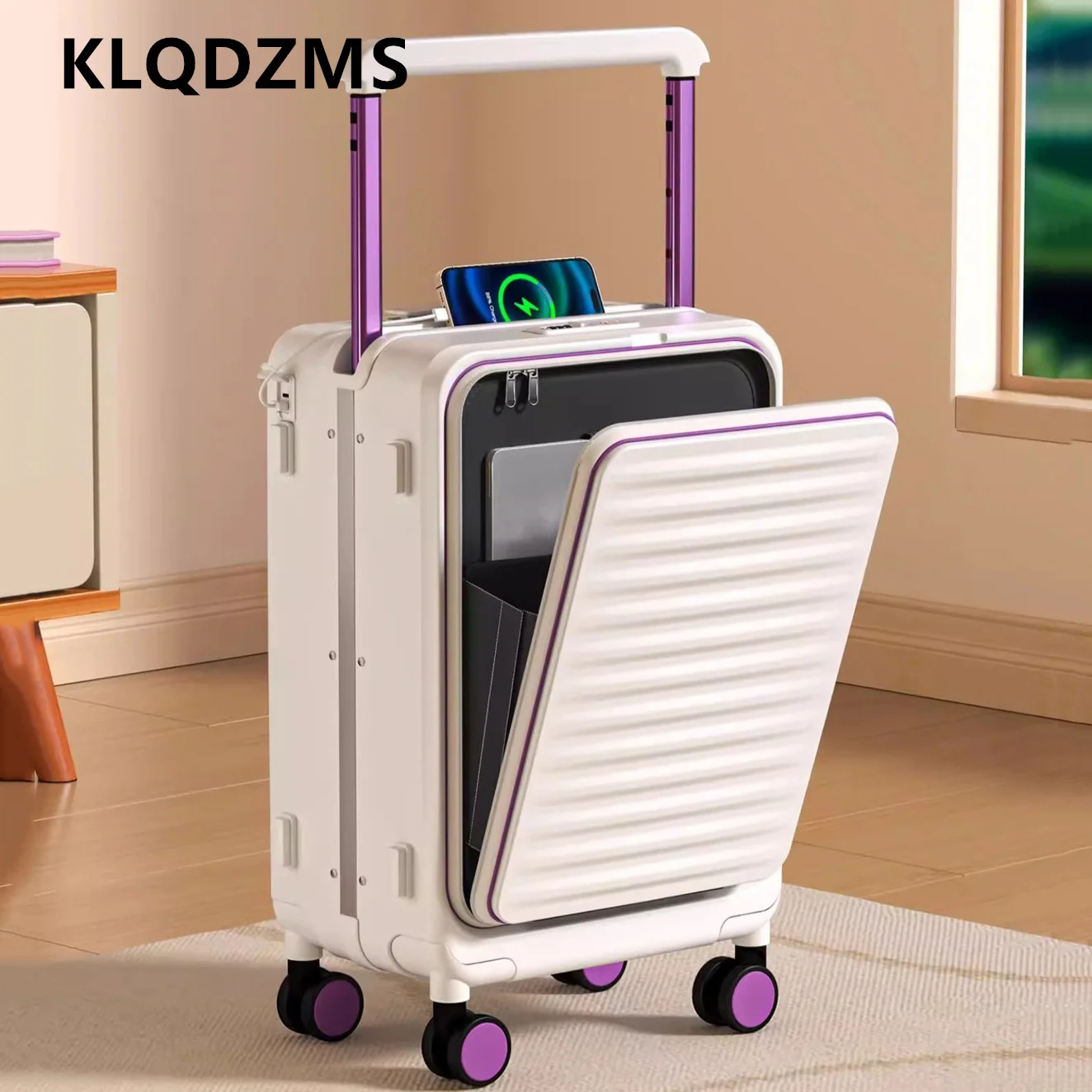 

KLQDZMS 20" Suitcase on Wheels Front Opening Boarding Case USB Charging Multifunctional Trolley Case 24 Inch Laptop Luggage
