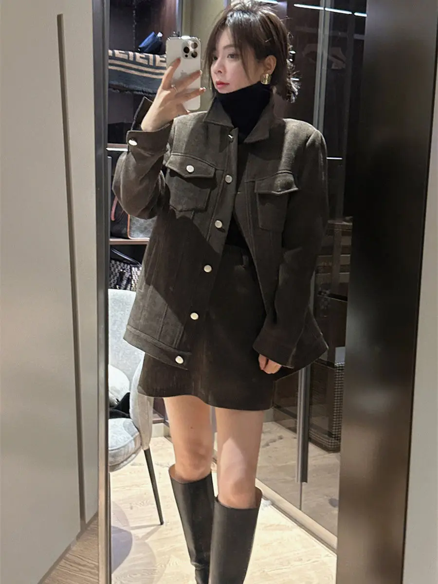 High Fashion Women's Autumn/Winter Set Thickened Corduroy Jacket + High-waist Skirt Youthful Versatile Look Female Office Lady