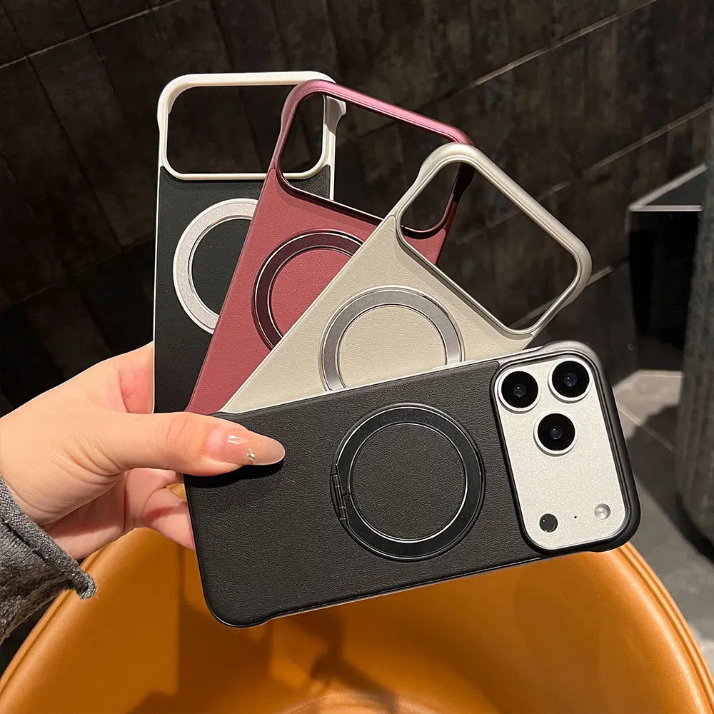 

Leather borderless For iPhone 17 15 16 14 13 Pro Max Plus Magnetic Bracket Protective Cover With Label Ultra Thin Gift IphoneAir