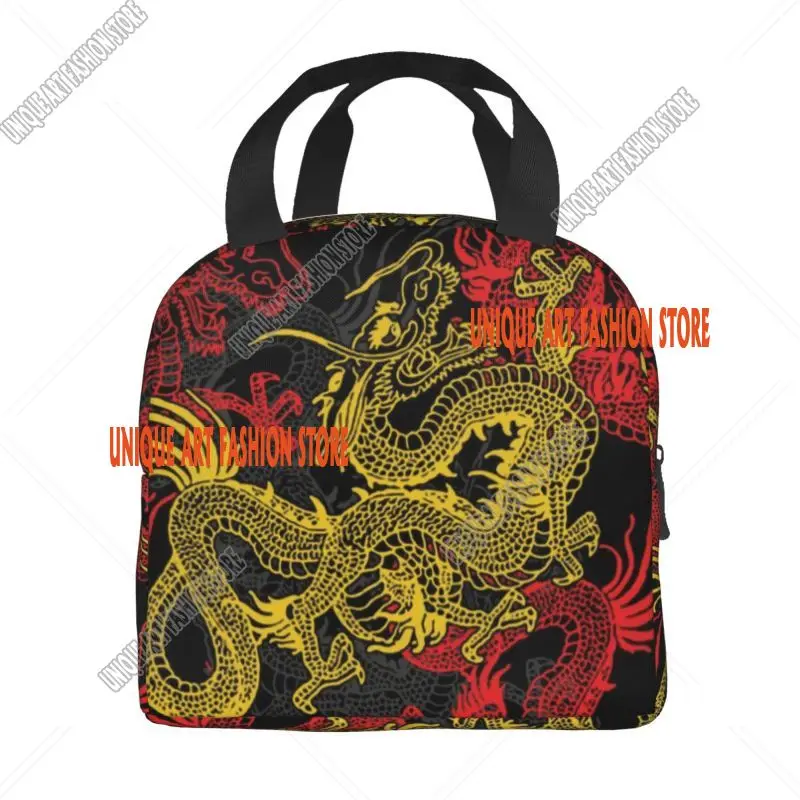 Golden Chinese Dragon Pattern Portable Lunch Boxes Leakproof Mythical Thermal Cooler Food Lunch Bag School Children Student