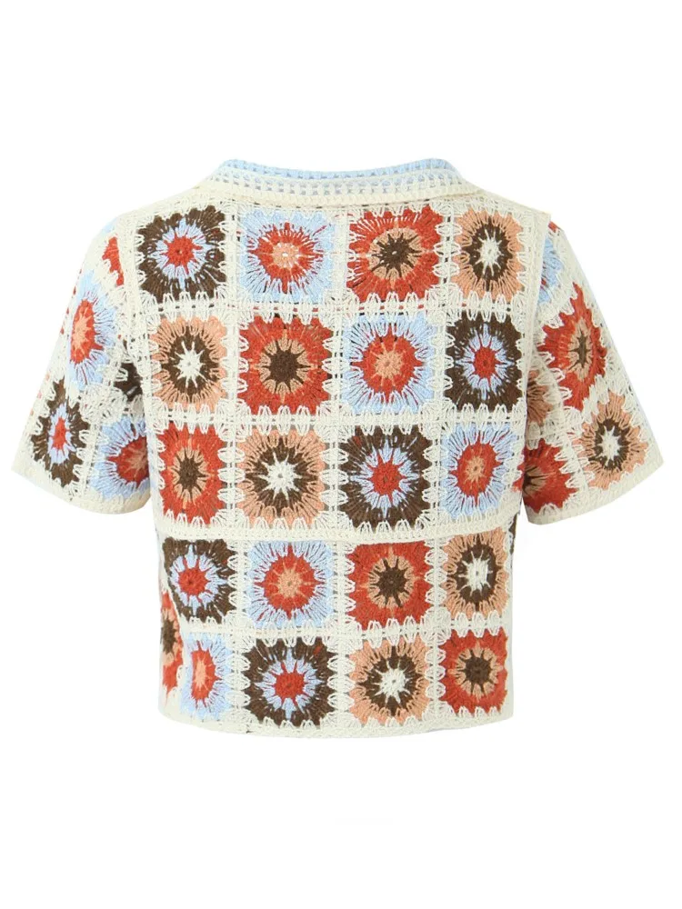 2023 BOHO Hollow Out Crochet Geometric Flower Short Sleeve Cardigan Women Summer Holiday Front Buttons Lapel Sweater Crop Tops