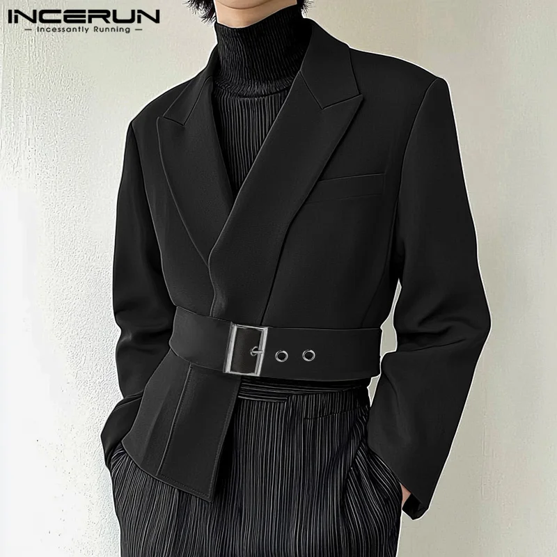 

INCERUN повседневные простые офисные куртки с поясом, блейзер с неровным подолом, мужские однотонные костюмы с длинными рукавами, 2024, простые топы для отдыха с воротником с лацканами