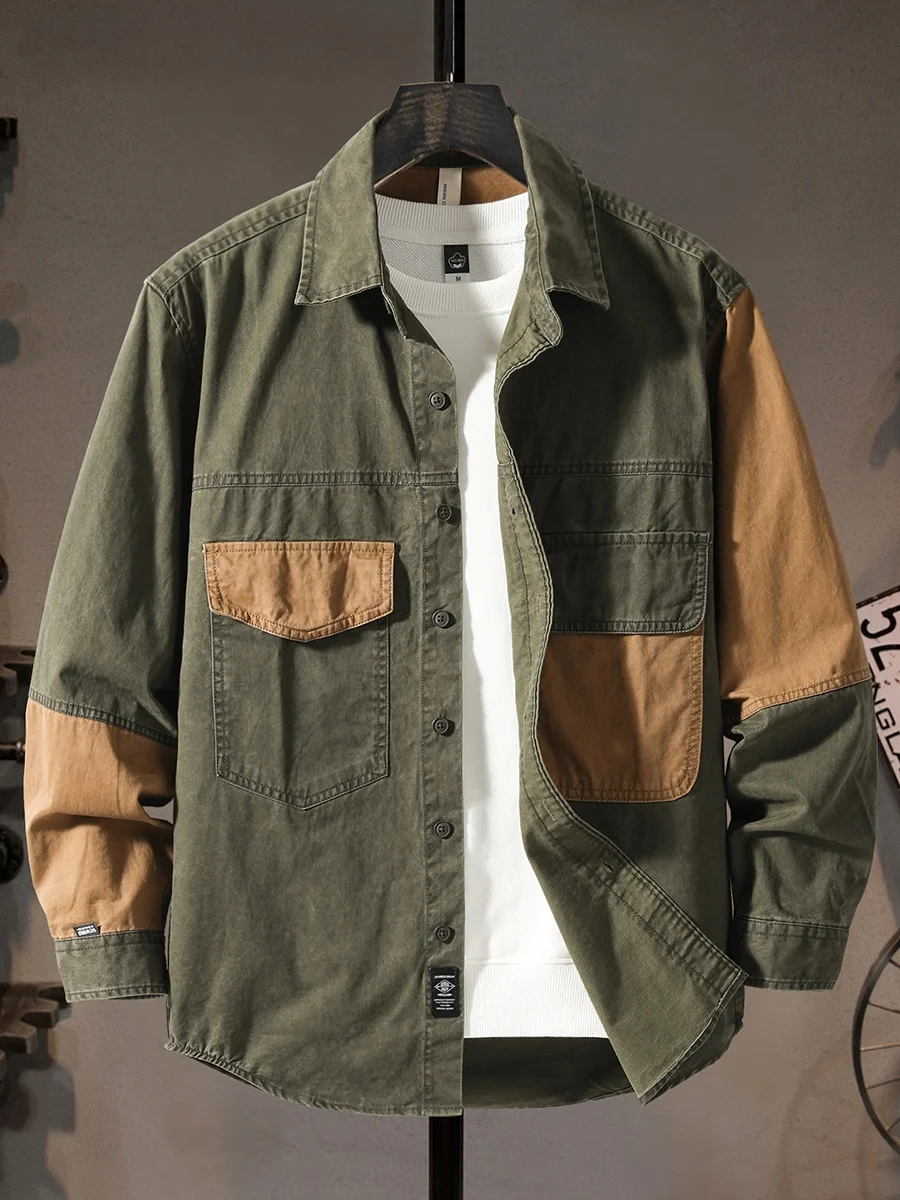 

Классическая американская рабочая одежда: мужская рубашка-куртка из чистого хлопка для весны и осени, с отложным воротником и дизайнерскими вставками в стиле пэчворк.